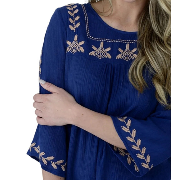 Umgee Blue Tan Embroidered Boho Lightweight Cotton Blend Tunic Top Size Large - Picture 2 of 9